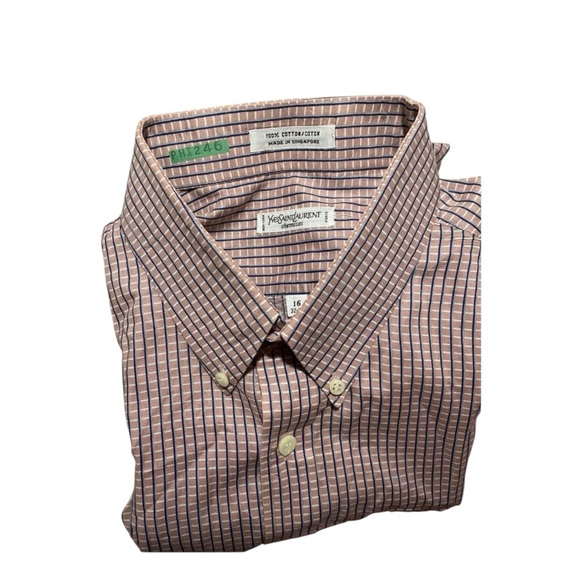Men’s Yves Saint Laurent YSL pink blue plaid button down 16 32 33. Crisp collar - Picture 3 of 3